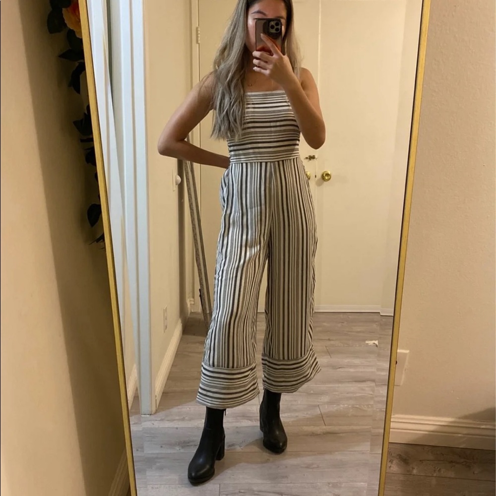 grey striped pantsuit